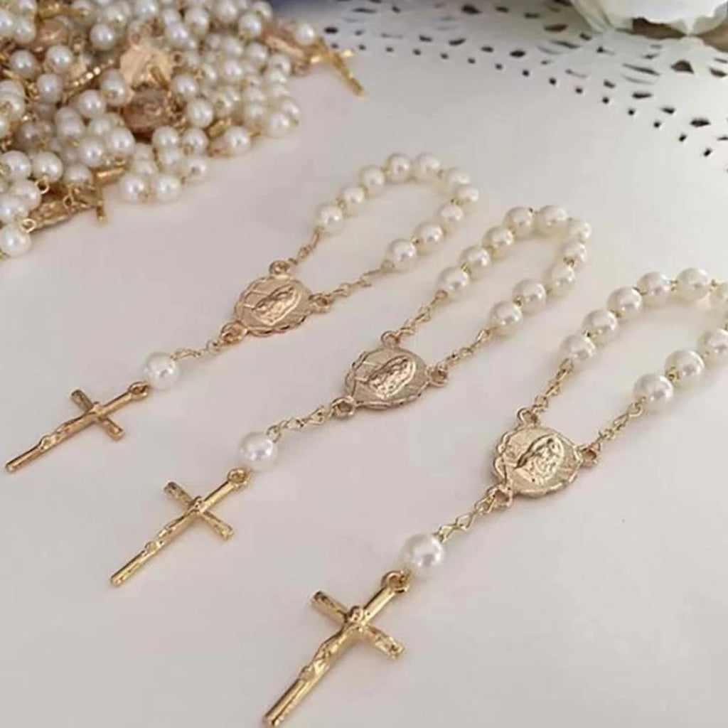1Pcs Baby 6mm Glass Pearl Rosary Bracelet Eucharist Gift Cross Finger Chain Religion Mini Rosary Bracelet Pray
