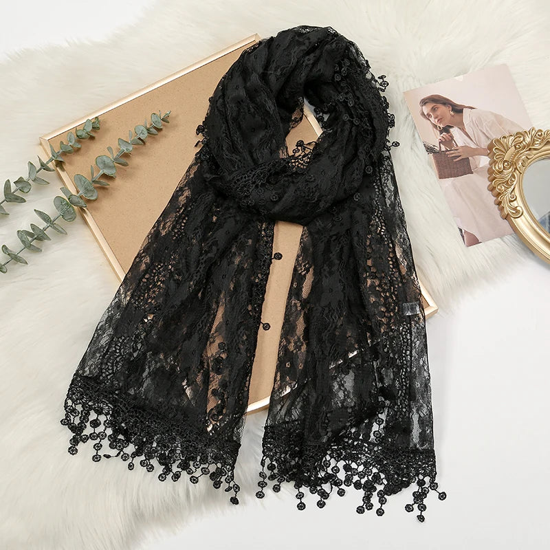 Solid Embroidered Lace Printed Scarf Muslim Hijiabs Fringed 5cm New Style Prayer Shawl 2024 188*55cm
