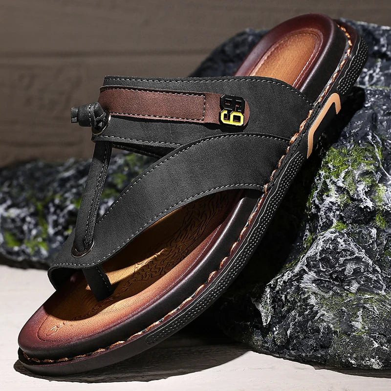 Men's Leather Slides Comfortable House Slippers Breathable Rubber Sole Indoor Outdoor Summer Sandals