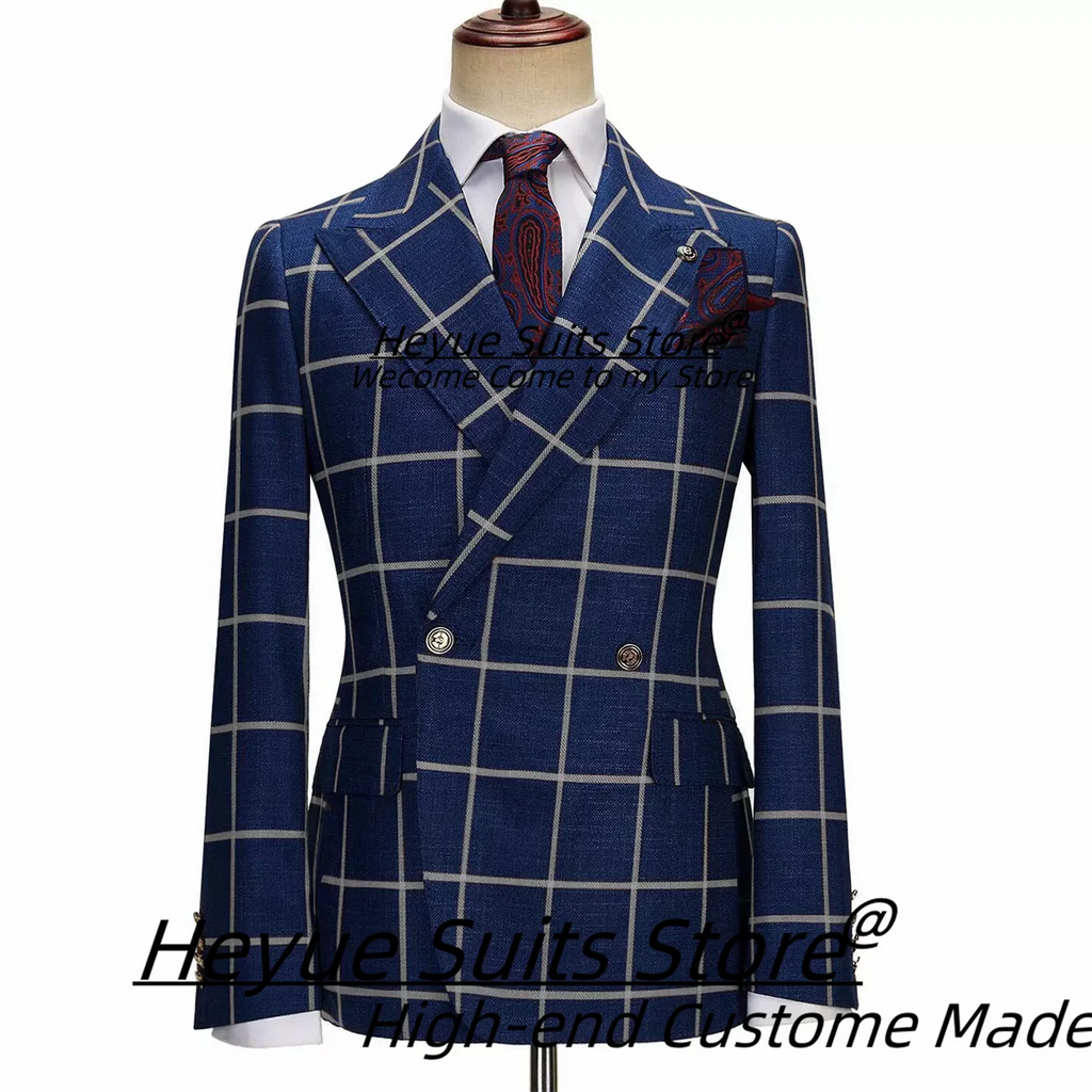 Business Navy Blue Plaid Men Suits Slim Double Breasted Peak Lapel Groom Tuxedos 2 Pcs Sets Office Work Male Blazers Ropa Hombre