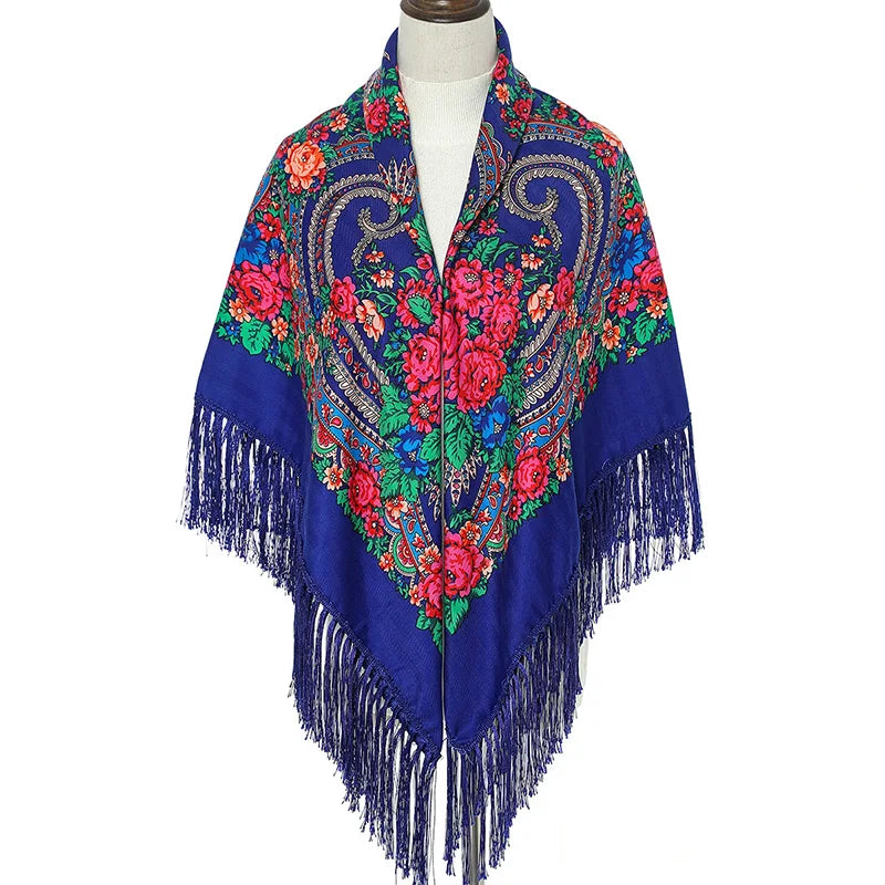 Women Luxury Floral Printed shawl Scarf for woman Square Babushka Handkerchief Head Wraps cardigan  Bohemia Retro Fringed Cape