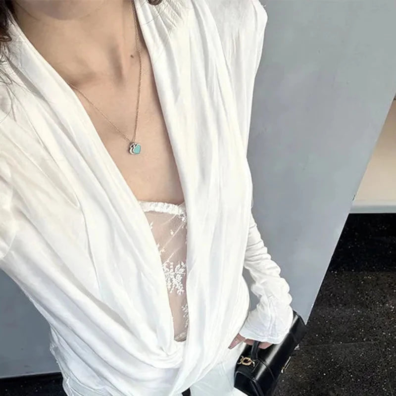 Lace Patchwork Crisscross Wrap Blouse Women White Long Sleeve Sexy Elegant Shirt Fashion Chic Streetwear Office Lady Tops