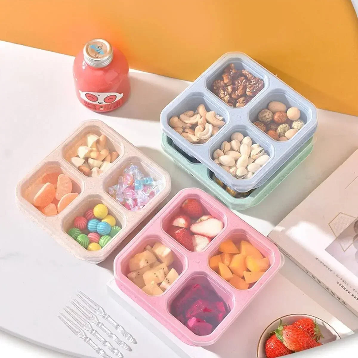 1PC -  Bento Snack Boxes with 4 Compartments – Reusable, Travel-Friendly Meal Prep Containers for Work & School