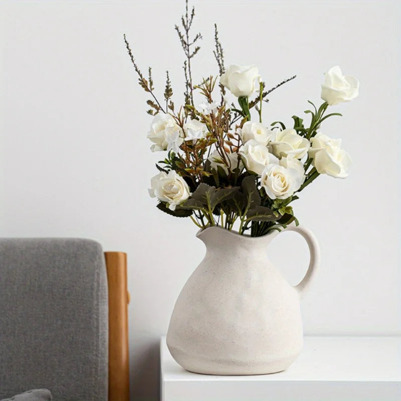 1PC Charming Rustic Ceramic Vase with Handle - Vintage Farmhouse Kettle for Home Decor & Tabletop Display