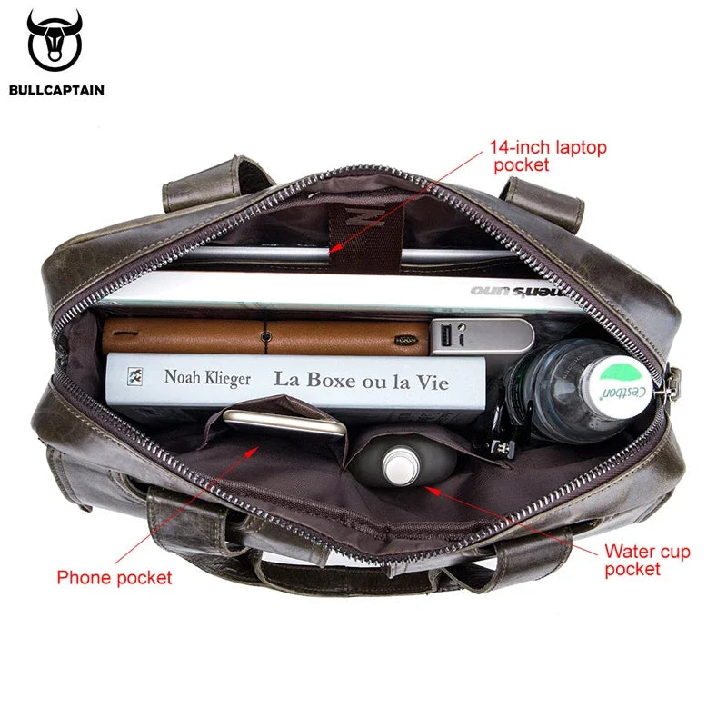 BULLCAPTAIN Men's Real Leather Briefcase 14 Inch Laptop Sleeve ,Casual Shoulder Messenger Bag, Tote, Work, Office, 042