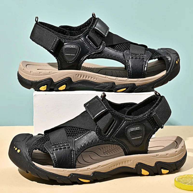 Men's Leather Sandals Durable Non-Slip for Hiking Summer Casual Outdoor Footwear Breathable Mesh Lining Sport Beach Shoes Males