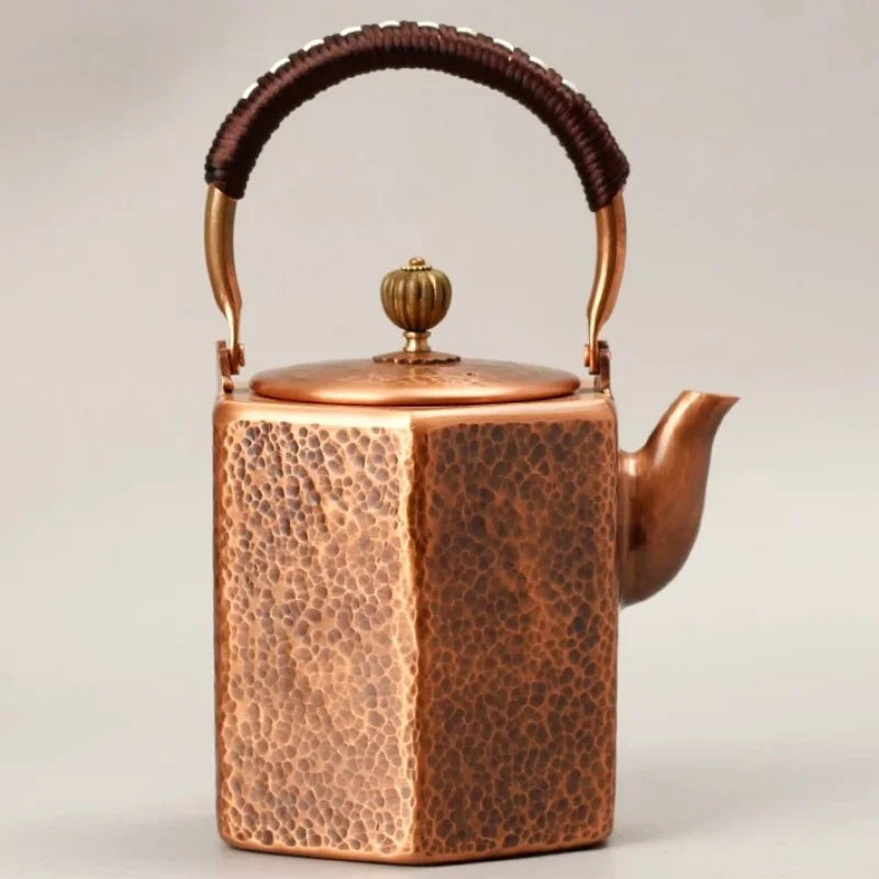 Pure Copper Coffee Pot,Retro Creative Hexagon Teaware 1000 ml Milk Tea Filter Weave Heat Carry By Hand Kettle,Handcrafted Teapot