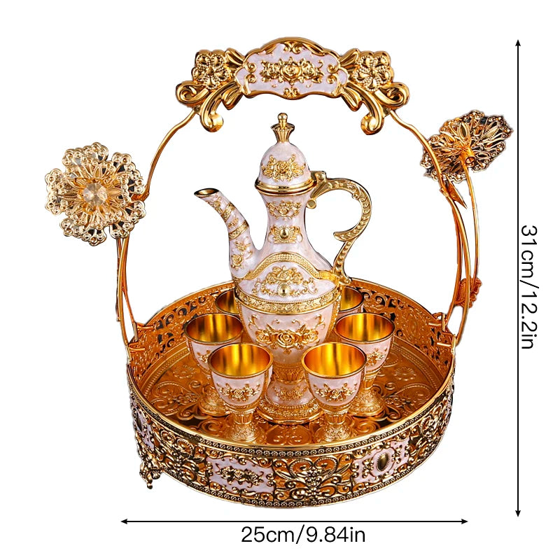 1 metal rose embossed wine set, 1 wine pot and 6 wine glasses and 1 basket, suitable for festivals, parties, banquet crafts.