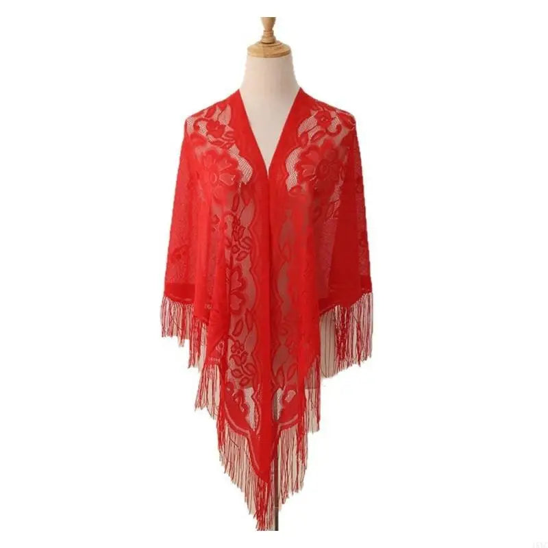 15YC Stylish Lace Ponchos with Fringed Edges Multiuse Shawl for Various Outfit Eye Catching Sunproof Triangle Shoulder Wrap