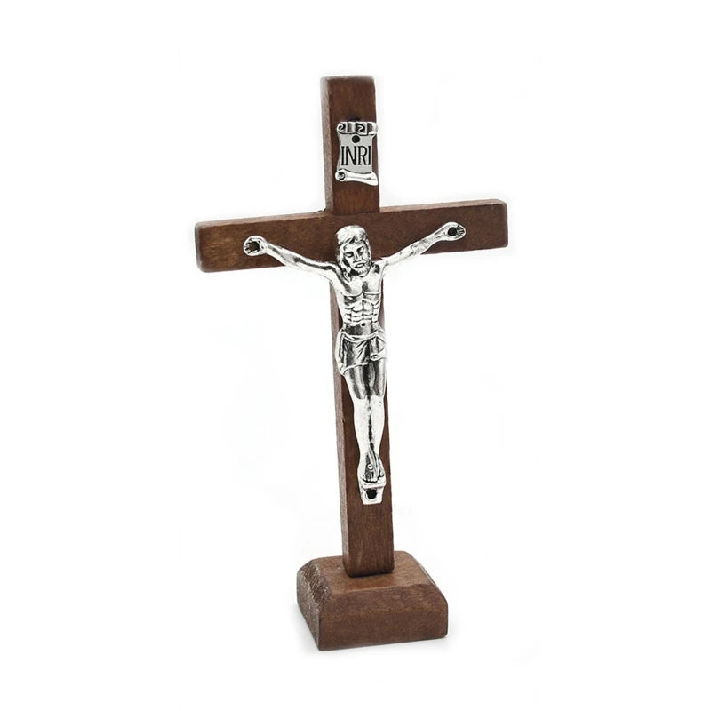 Table Wooden Catholic Jesus for Cross with Stand Vintage Religious Christian Standing Crucifix Church Tabletop Decoratio