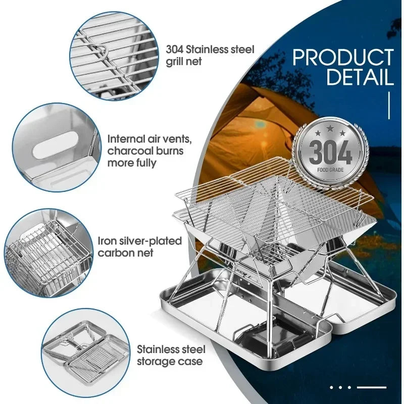 Camping Grill Charcoal Stove Folding Stainless Steel Fire Pit Grill Backpacking for Outdoor Cooking Hiking Camping Picnics Stove