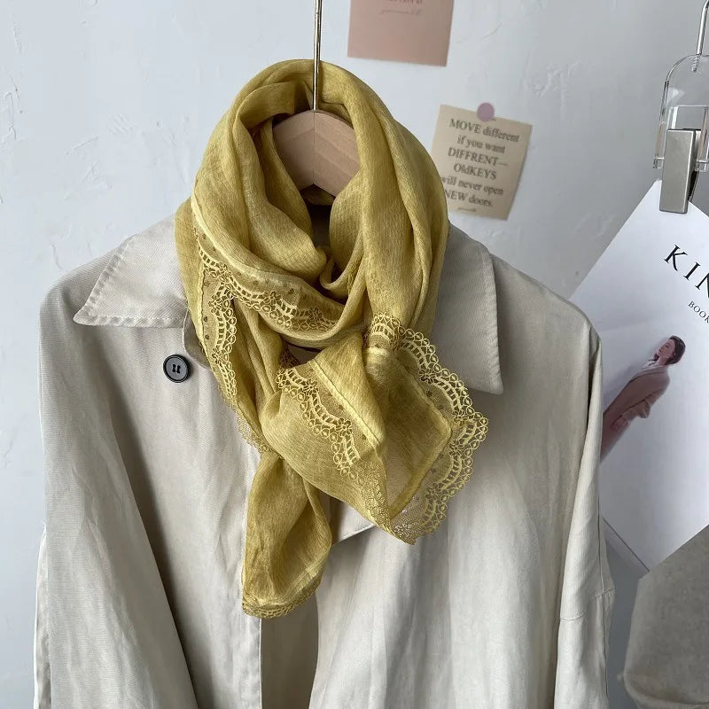 Flaxen Lace Cotton Linen Scarf Women's Winter Shawl Dual-purpose Spring Autumn Foreign Style Fashion Silk Solid Color Yarn