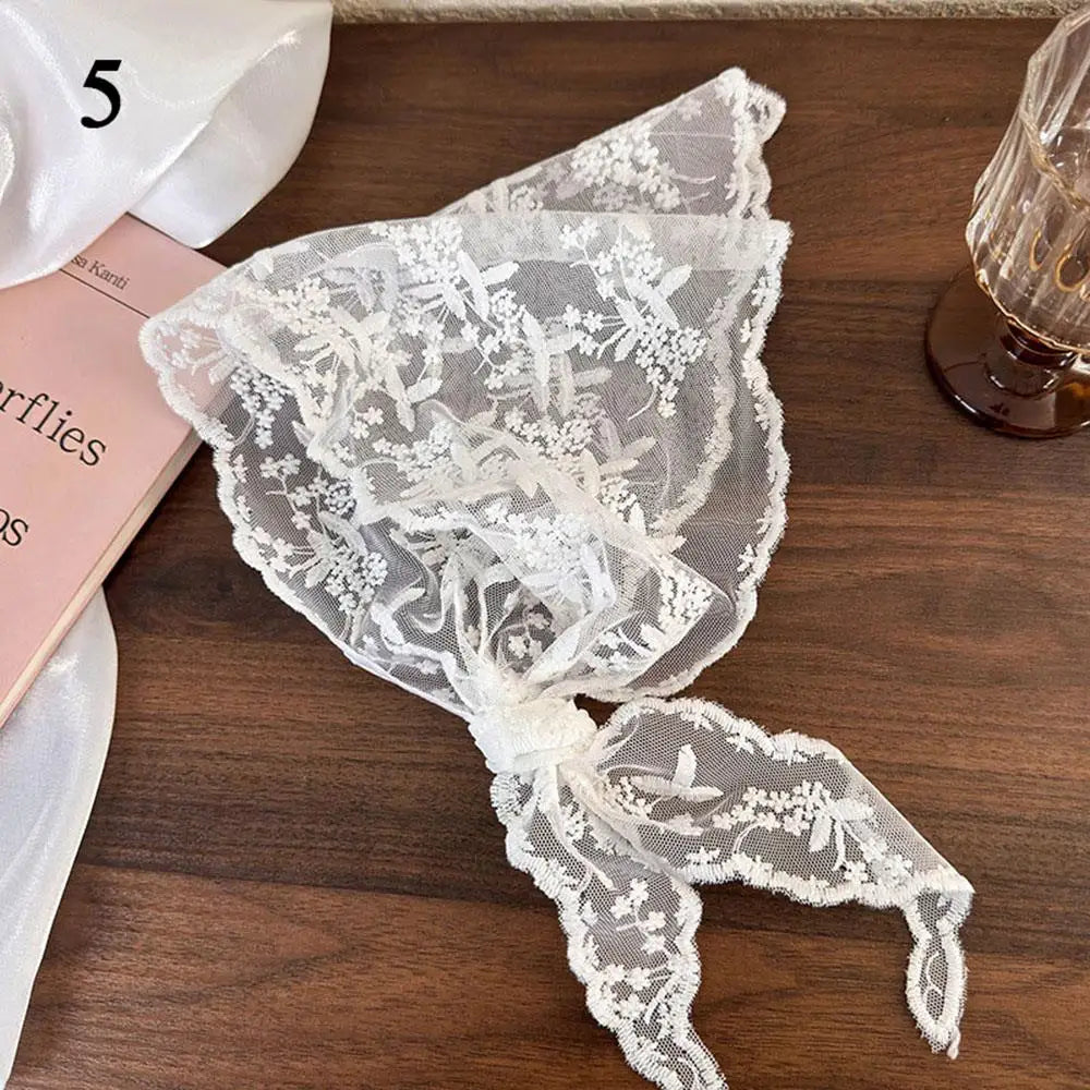 Elegant Lace Floral Hair Scarf Women Triangle Headscarf Korean Lace Up Neck Scarf Lace Flower Sunscreen Travel Photo Headband