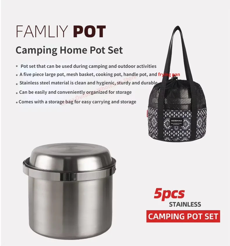 NOBANA 14/22pcs Outdoor Stainless Steel Pot Set Camping Family Pot Set 5L Portable Picnic Soup Pot Frying Steaming Household Pot