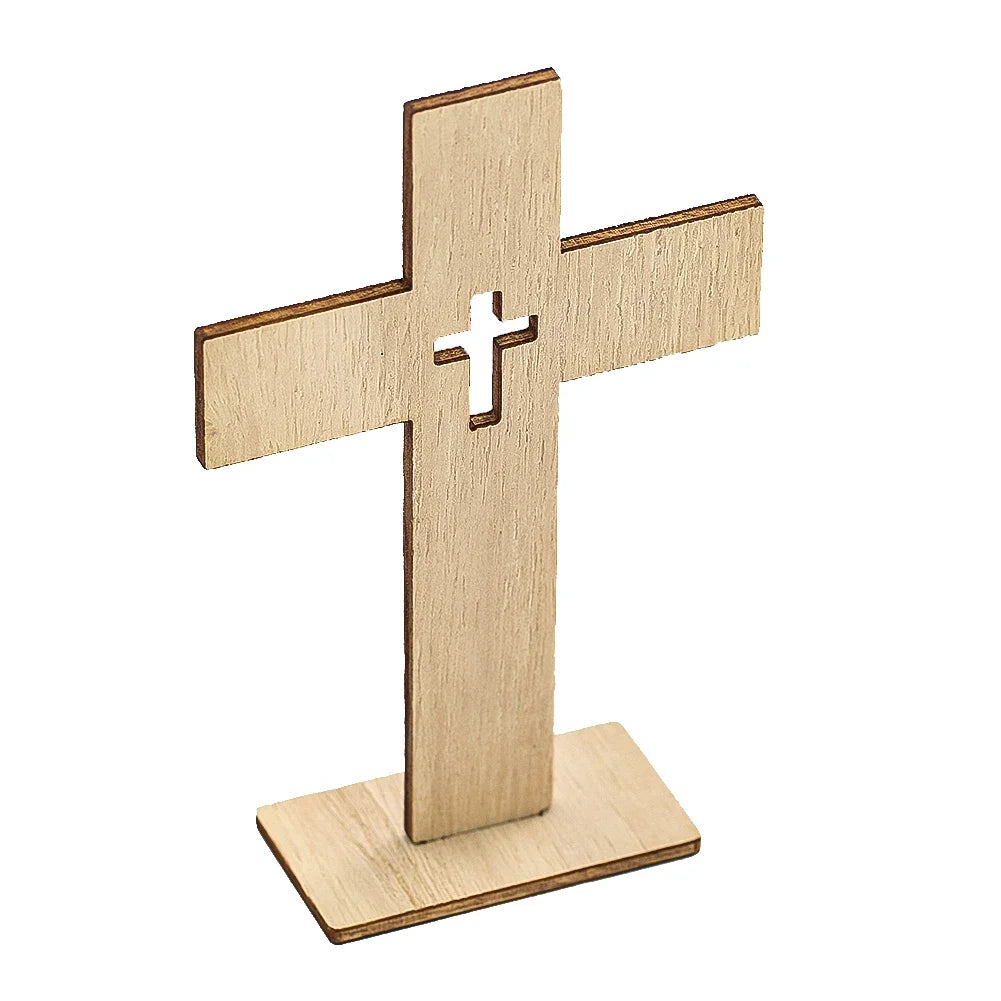 6PCS Wooden Cross Ornament Christian Symbol DIY Craft Decor Natural Wood Standing Cross for Church Home Prayer Festival Gift