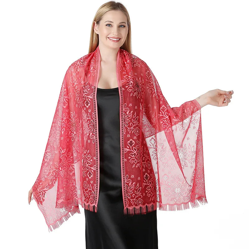 Pure Color Floral Mesh Lace Shawls for Women Evening Dresses Shawl Bridal Bridesmaid Wedding Boleros Lady Party Capes Wraps