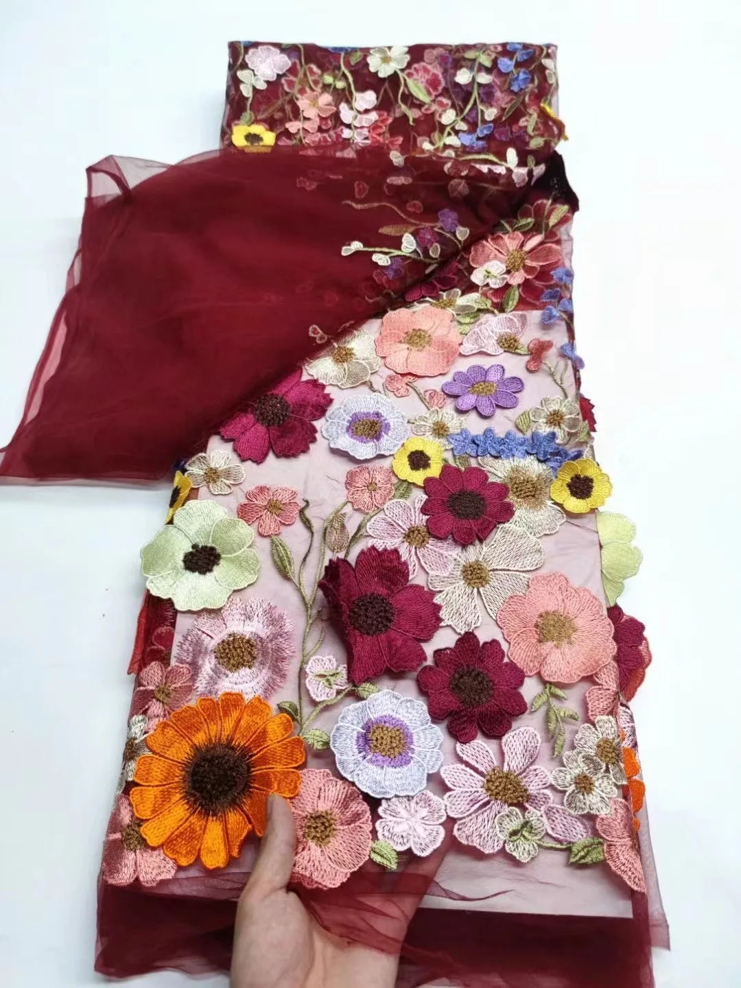 Unilateral embroidered cloth 3D applique embroidered fabric high-end women's dresses wedding dress material