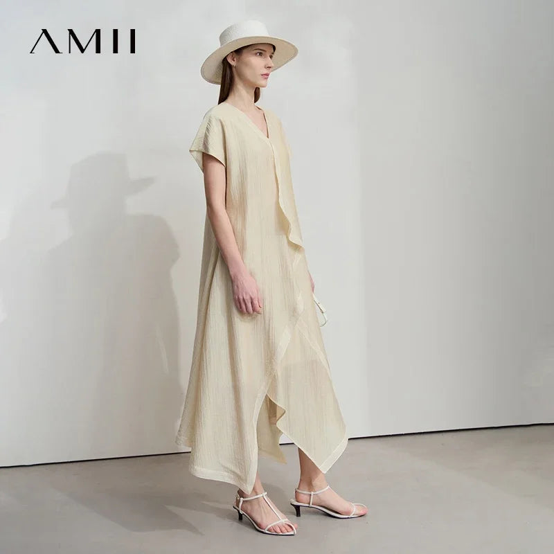 Amii Minimalist Women's Short Sleeved Dress 2025 Spring New Solid Irregular Loose Elegant H Shaped Commute Long Dress 12541134