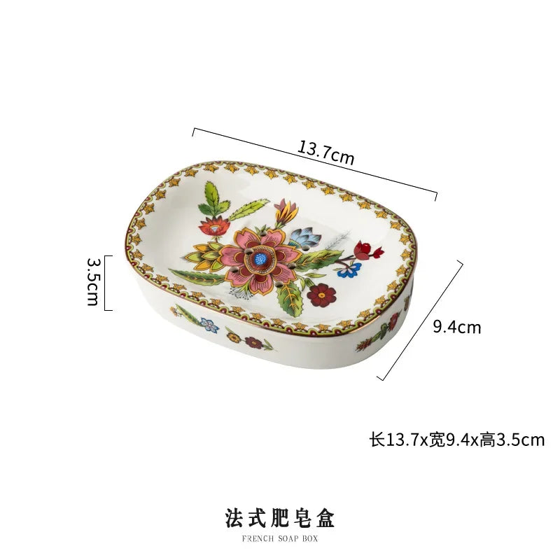 Creative Gold-plated Painted Flower Soap Dish Household Ceramic Drain Double Soap Box Storage Shelf Bathroom Accessories Modern