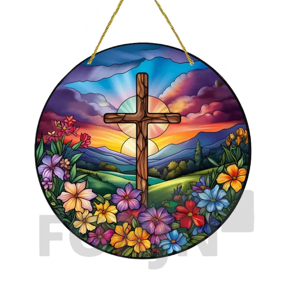 Cross Sun Catcher Acrylic Round Sign,Faux 3D Christianity Religious Pendant Plate,Home,Garden,Room,church,Holy Week&Easter Decor