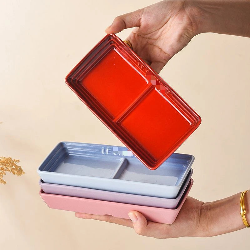 Color Japanese Style Grid Dipping Dish Seasoning Dish Ceramic Pickled Vegetables Snacks Separated Barbecue Dipping Home Use