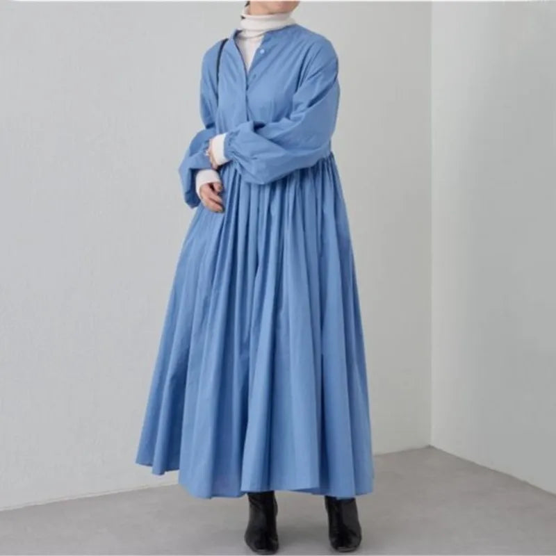 Cotton Linen Loose Dresses For Women Solid Korean version Long Sleeve Pleated Big Swing Robe Autumn Vintage Casual Clothes