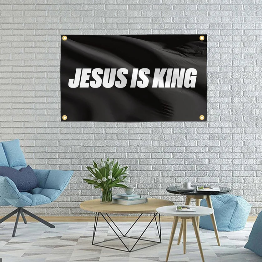 Jesus Is King Flag Cool Banner Funny Tapestry 3x5 FT With Four Grommets For College Dorm Room Guys Man Cave Bedroom