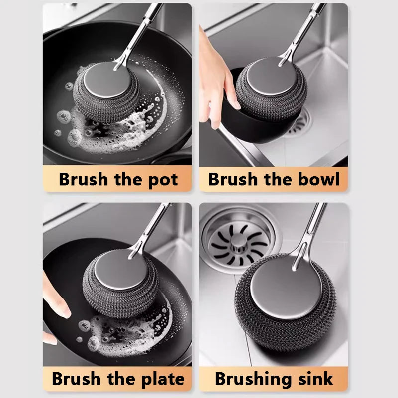 Stainless Steel Pot Brush Kitchen Special Pot Washing Steel Wool Ball Brush Long Handle Dish Cleaning Brush Pot Brush Magic Tool