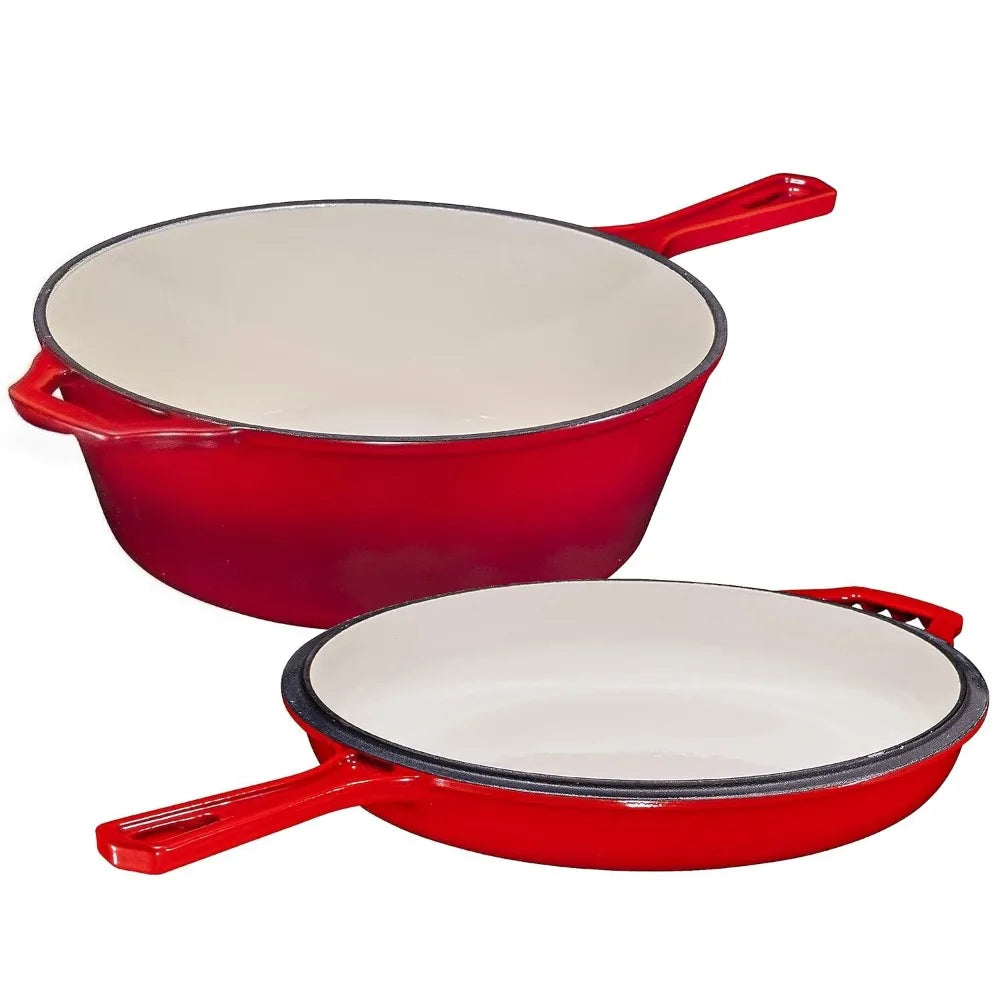 2 in 1 Enameled Cast Iron Pot with Lid 11 Inch Cast Iron Dutch Oven & Skillet Combo, Enameled Cast Iron Cookware with Lid