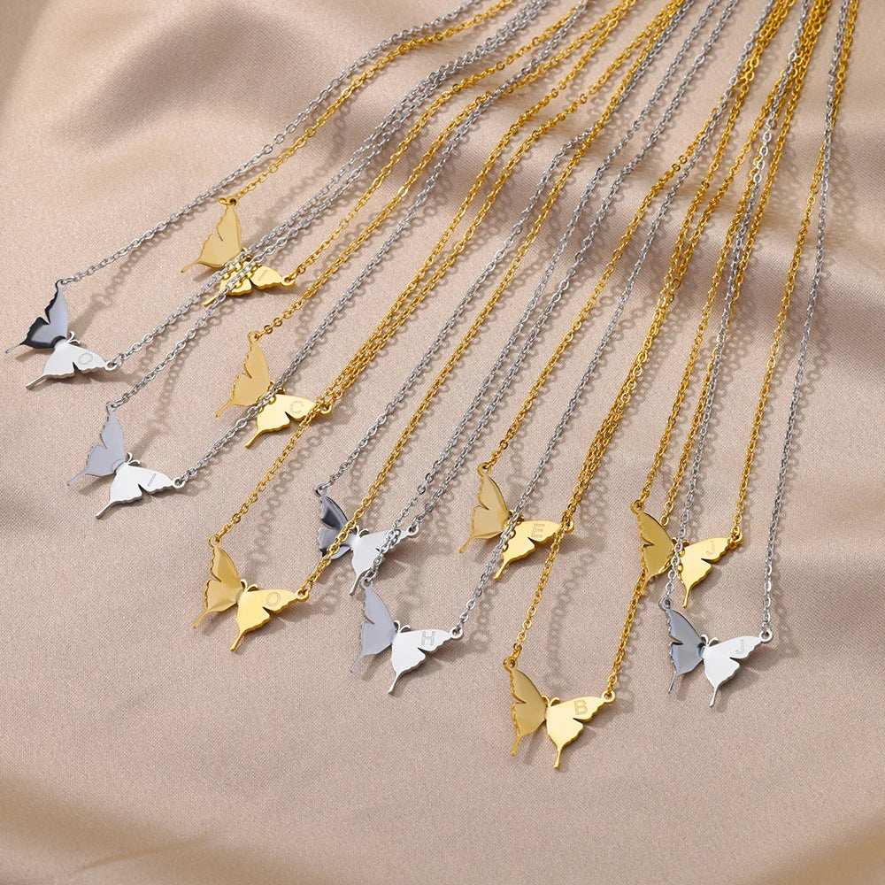 Stainless Steel Butterfly Initial Letter Necklaces For Women Minimalist Gold Color Butterfly Name Necklace Wedding Jewelry BFF