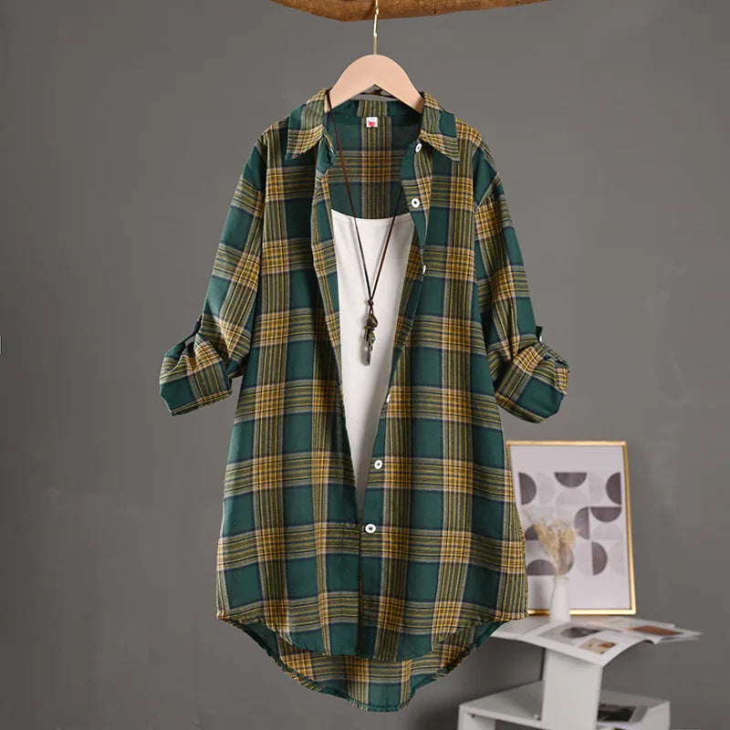 Women's Cotton Linen Plaid Shirt Mid-length Outer Wear Sun Protection Spring and Summer Loose Thin Jacket