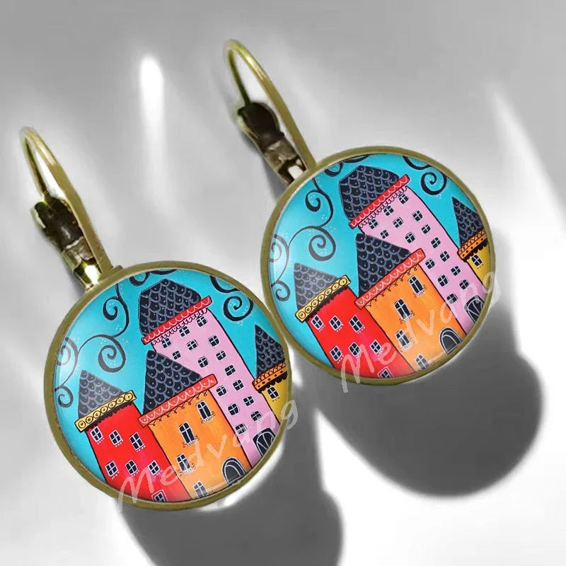 2024 Natural Scenery Earrings beautiful village Women Stud Earring  Abstract Oil Painting House Glass Cabochon Earrings  jewelry