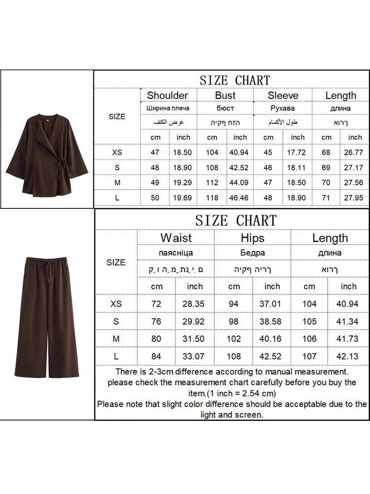 Fashion Linen 2 Pieces Women 2024 Spring Summer Kimono Style Loose Lace Up Shirts Tops Women's Wide Leg Pants Sets