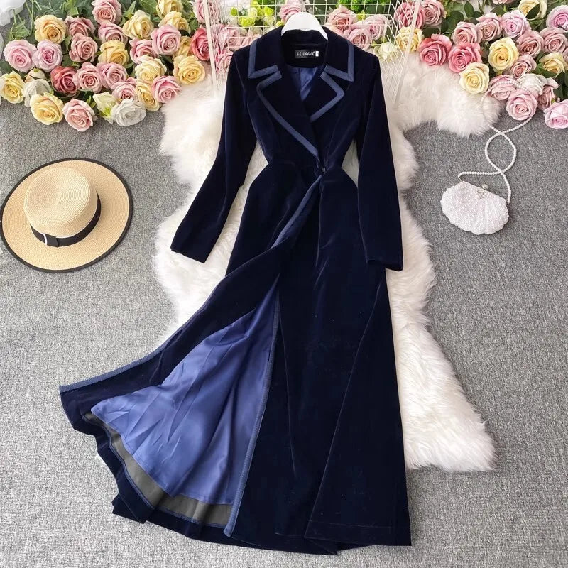 Autumn Winter Velvet Trench Blazer Dress Women Suit Coat Long Sleeve Solid Office Lady Work Dresses Windbreaks