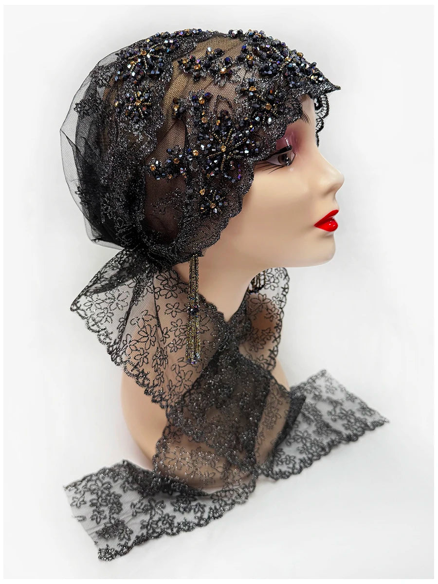 Explosive Head Cover Mesh Fabric Hand-Embroidered Hanging Beaded String acrylic Ribbon Hats Dubai New Muslim Arabic Worship Hat