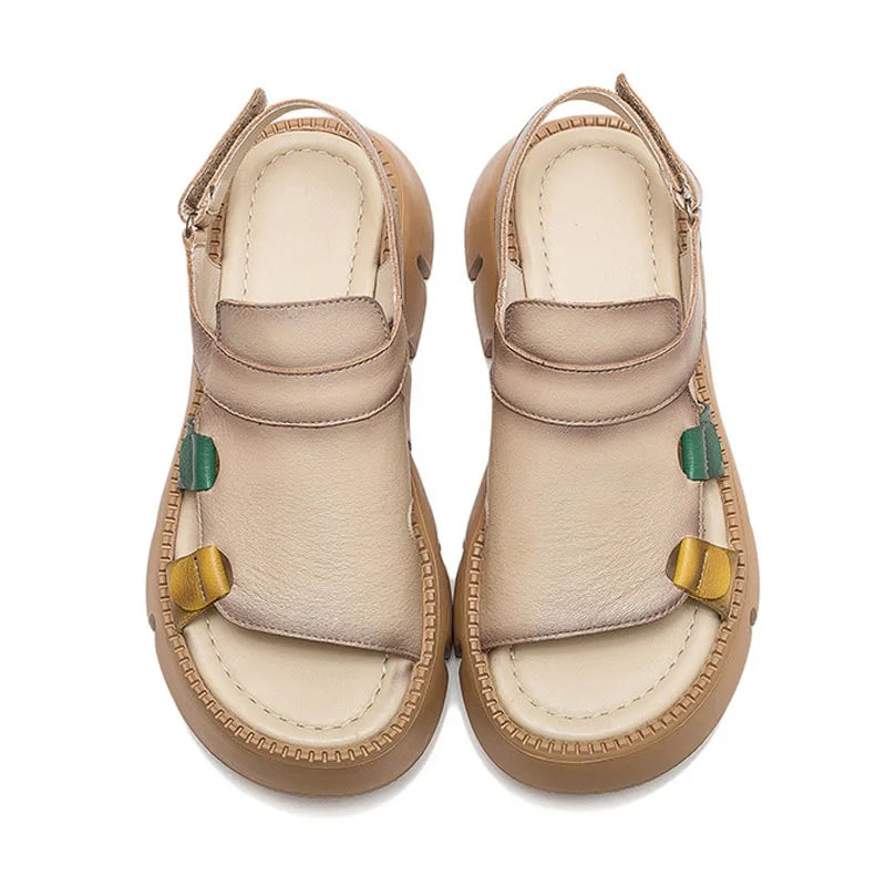 Women's Sandals  Summer Genuine Leather Thick Sole Ladies Sandals Summer Shoes Women Retro Style Handmade Shoes