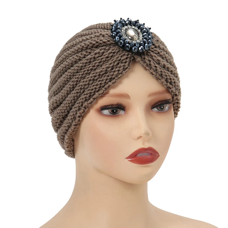 Women Hat Knitted Turban Muslim Chemo Cap Underscarf Rhinestone Headwrap Bonnet Covers Hair Bandanas Head Scarf Beanie India Cap