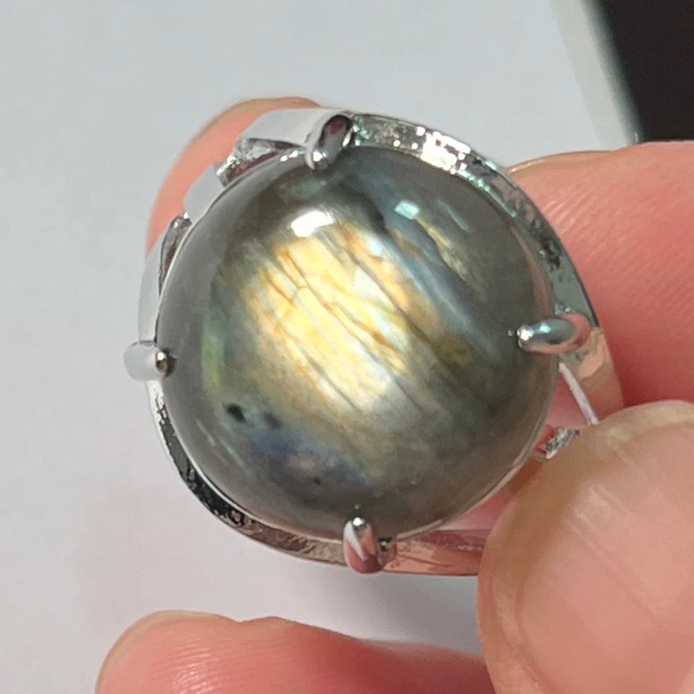 Ring Natural Stone Round Bead Blue Labradorite Adjustable Finger