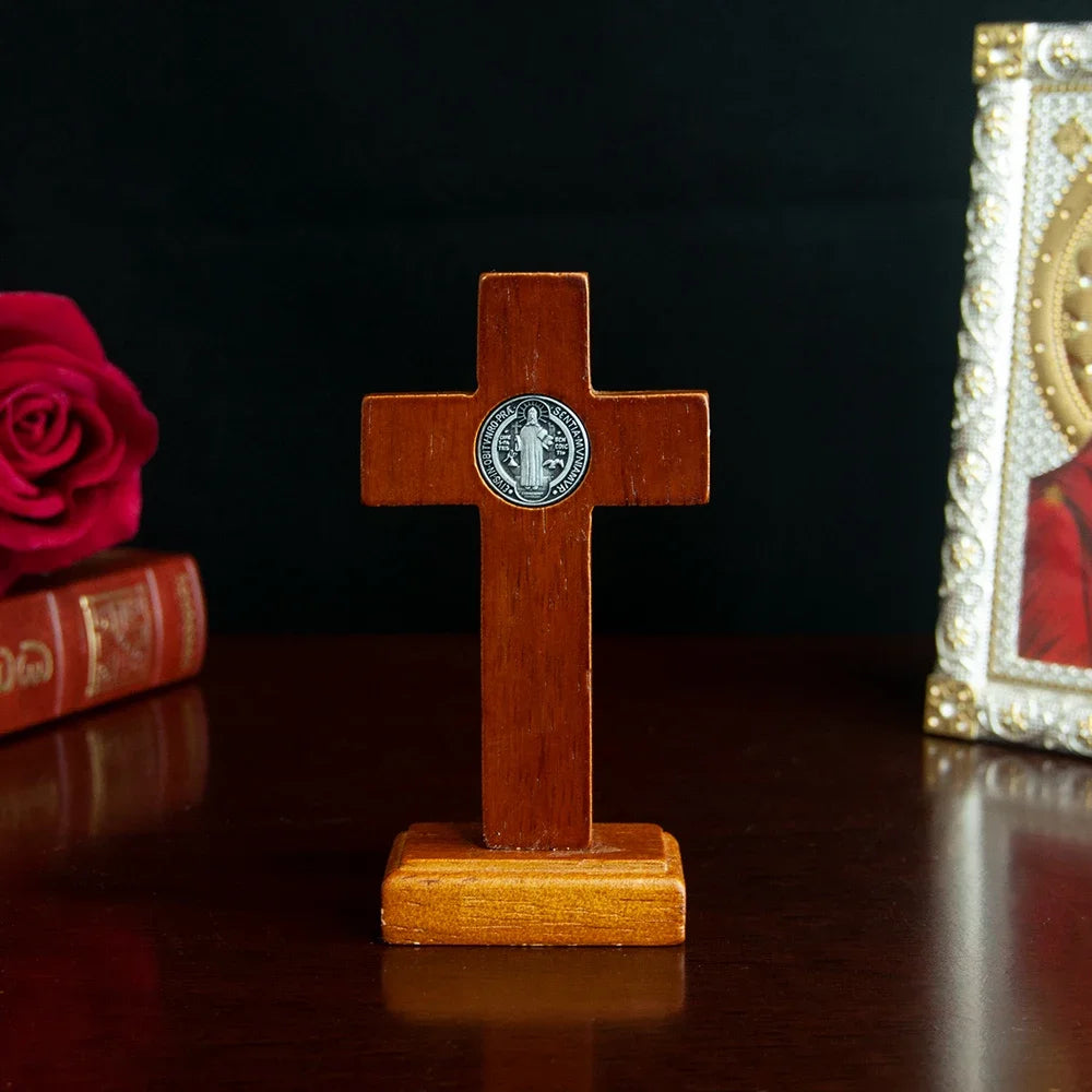 Catholic Wooden Cross with Base, Pray for your Family and Home, Handheld Religious Souvenir Statue of Jesus on Base