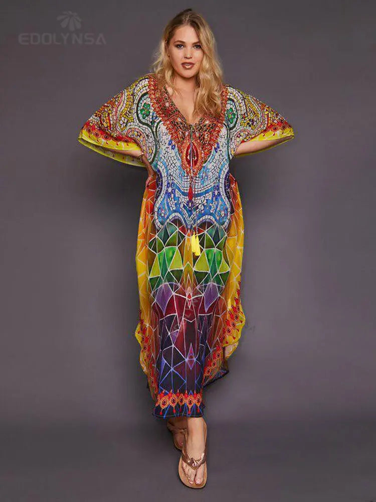 2025 Quick-drying Bohemian Printed Loose Summer Beach Dress Moroccan Kaftan Women Plus Size Beachwear Tassel Midi Dress Q897