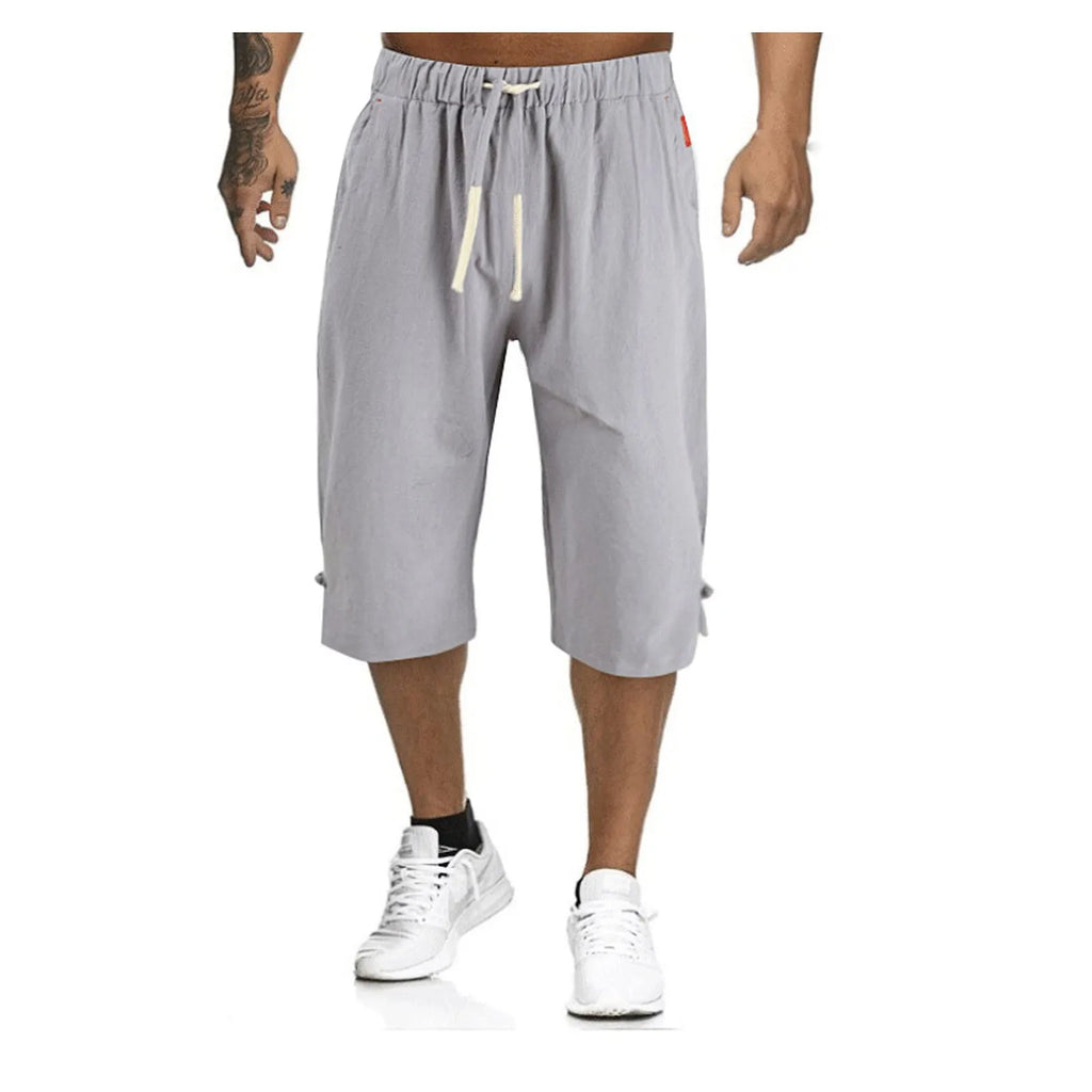 Cotton Linen Men'S Loose Tie Casual Pants Elastic Waist Beach Pants Linen Cropped Pants