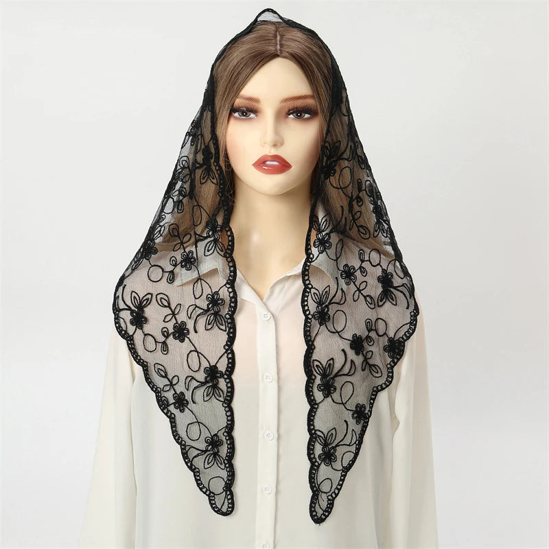 Fashion Church Shawl Lace Veil Polyester Scarf Bandana Church Prayer Wedding Mantilla Chapel White Embroidered Hijab Women Scarf