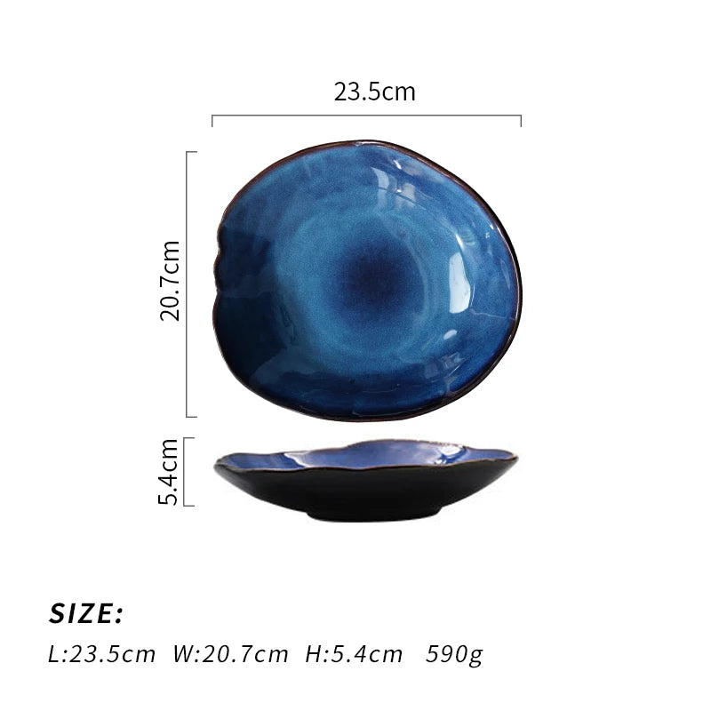 Ceramic Salad Plate Lrregular Food Dish Kitchen Supplies European Blue Glaze Pottery Dinner Plates Household Tableware
