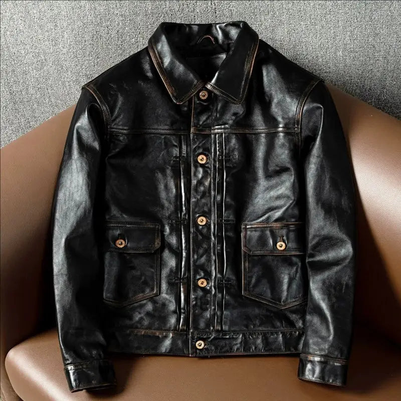 CC Shop Best.Classic American work leather jacket.Tea core Horsehide.Mens 100% natural leather coat.Vintage Denim 506 cloth