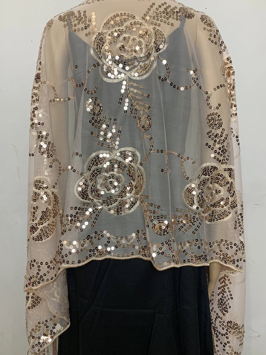 Glitter Sequins Shawls and Wraps for Evening Dresses Women's Mesh Wedding Cape Bridal Bridesmaid Shrugs Fringed Party Shawl