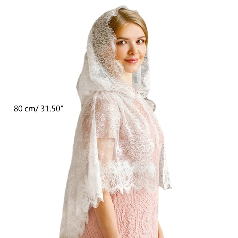 Women Lace Trim Church Prayer Shawl with Hoodie Spring Summer Outdoor Sunproof Scarf Female Wedding Party Lace Scarf Photo Props