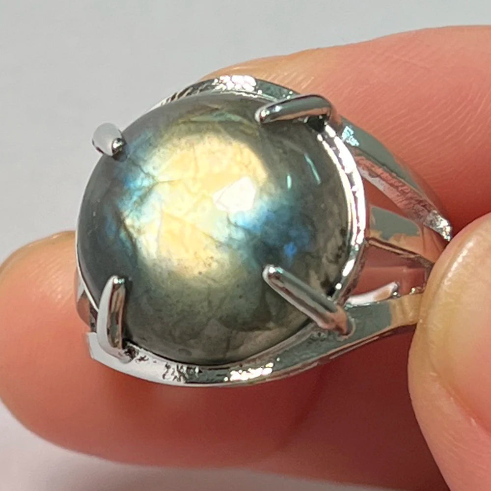Ring Natural Stone Round Bead Blue Labradorite Adjustable Finger