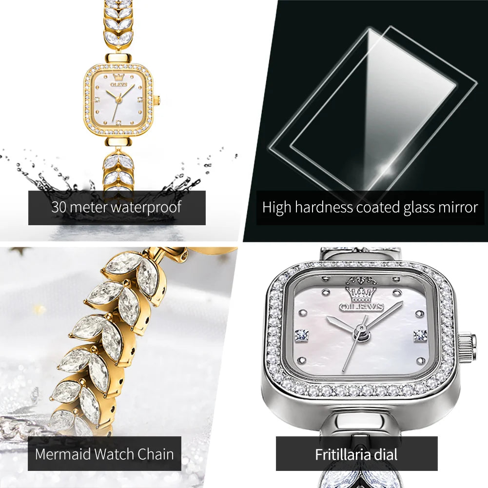 OLEVS 9987 Women's Watch Square Dial Waterproof Quartz Watch For Women Luxury Original Elegant Ladies Wristwatch Steel Strap
