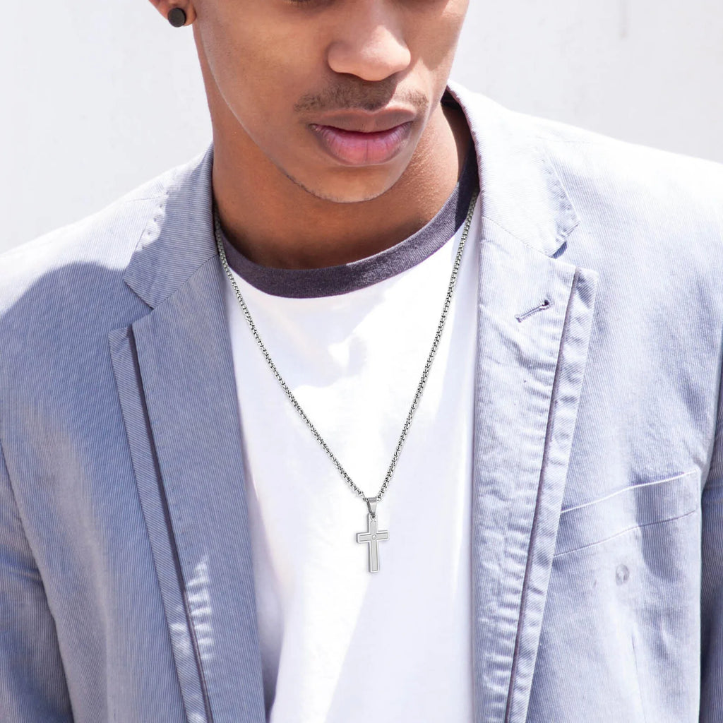 Simple Mens Cross Necklace,Stainless Steel Pendant Necklaces,Minimalist Prayer Christian Jewelry Gifts