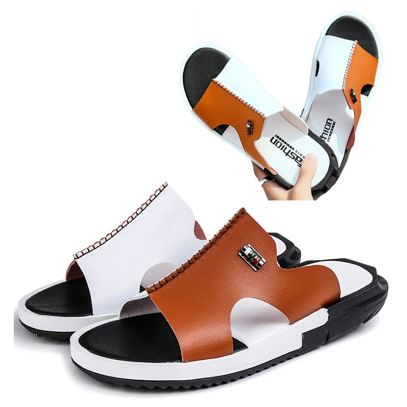 Men's Slippers Summer Leather Sandals New Non-slip Wear-resistant Beach Shoes Leather Sandals Casual Sandals Slippers Slides Men